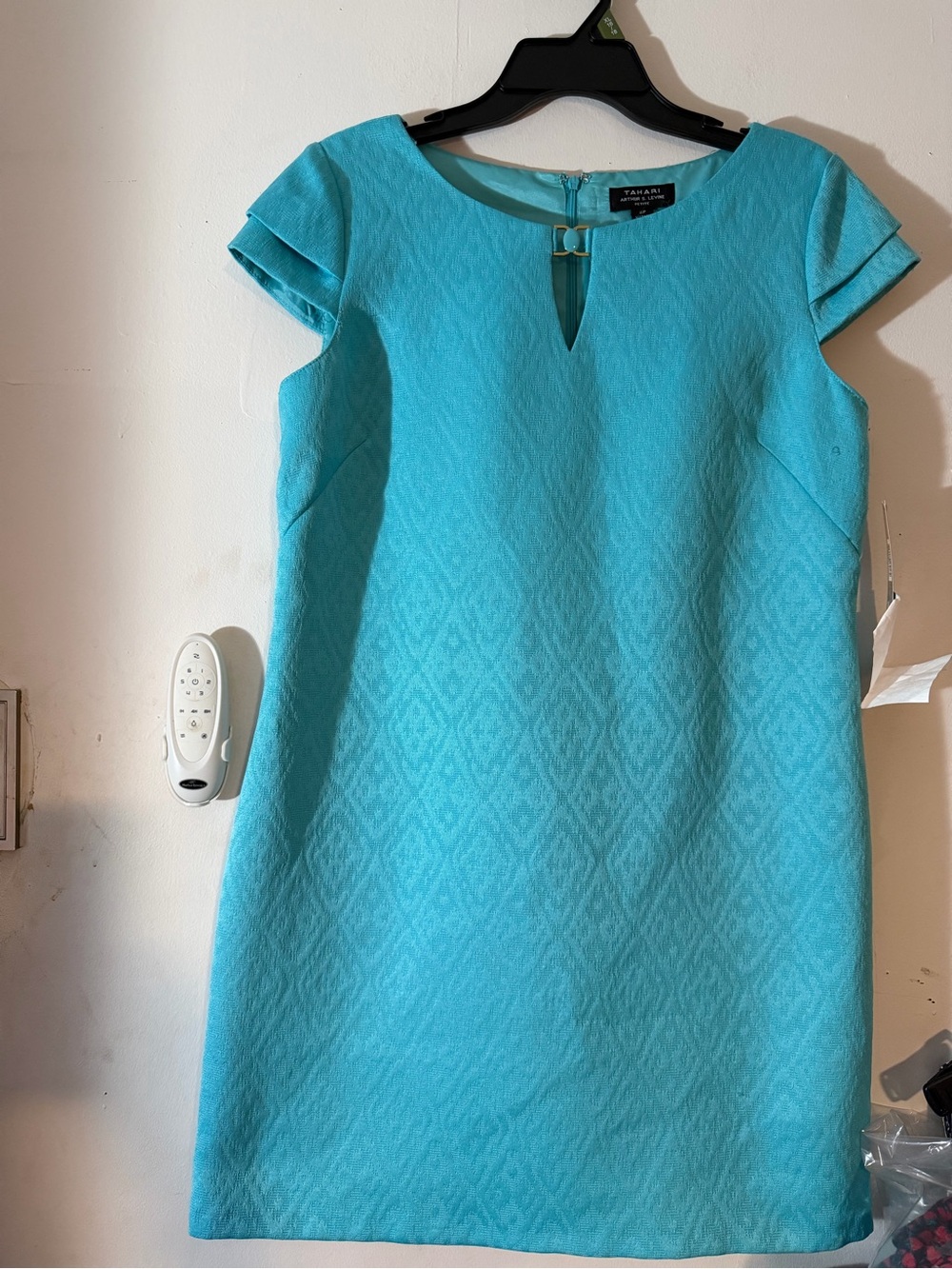 Tahari Arthur S. Levine Shift Dress 8P Petite Turquoise Jacquard Zip, NWT
